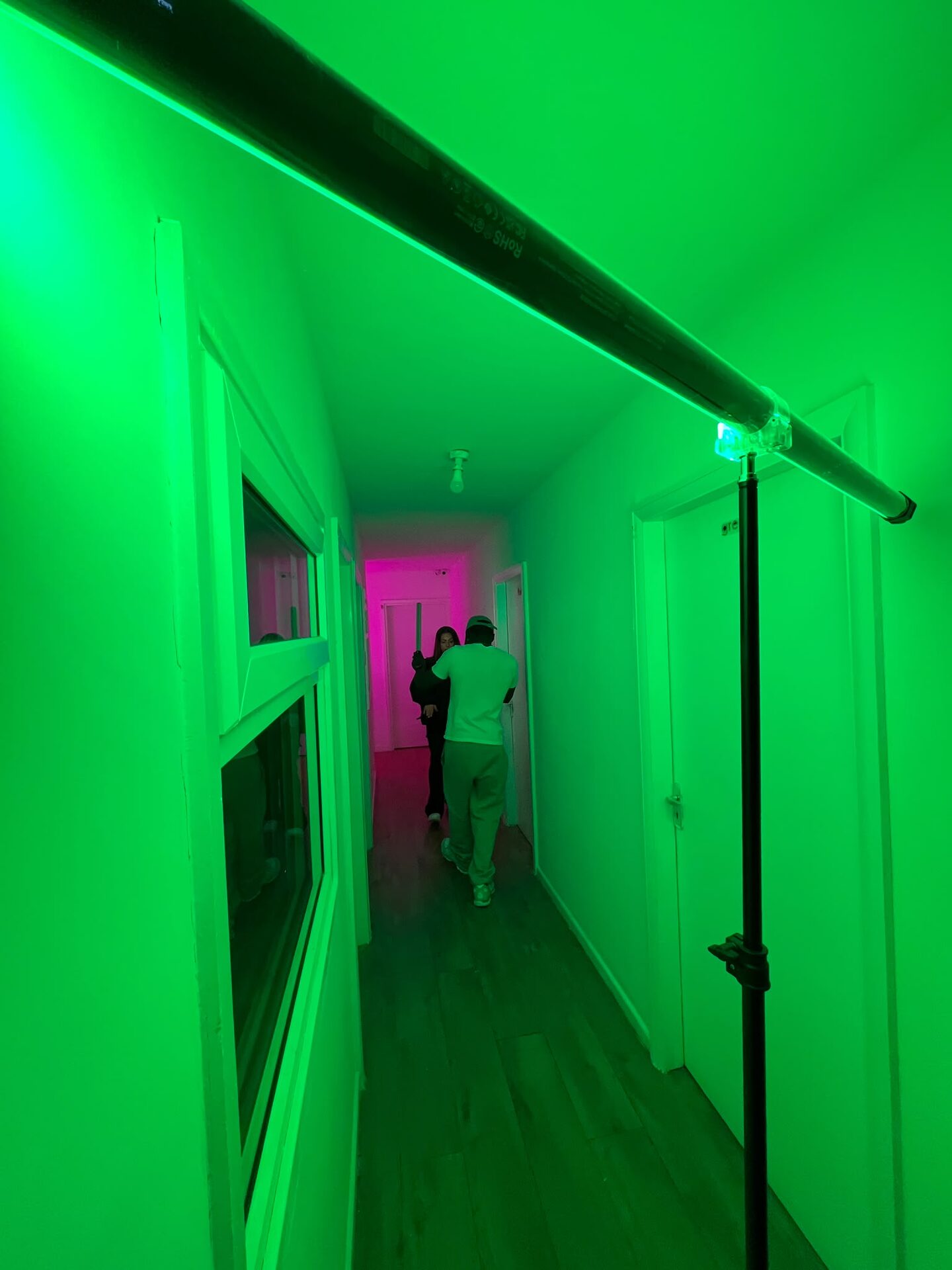 Corridor lit green with a magenta doorway at the end